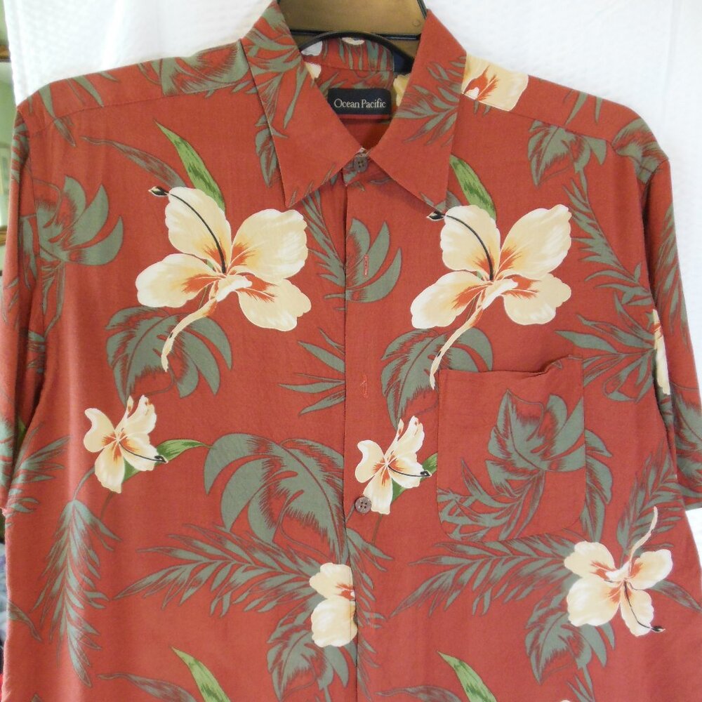 Ocean Pacific mens MEDIUM sized vintage tropical hawaiian shirt orange w orchids